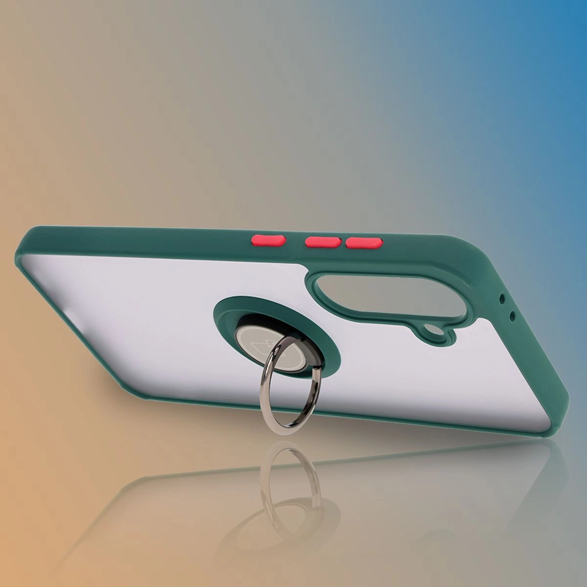 Etui Bizon z uchwytem na palec Hybrid Ring do Galaxy A36 5G / A56 5G Przydymione z ciemnozieloną ramką