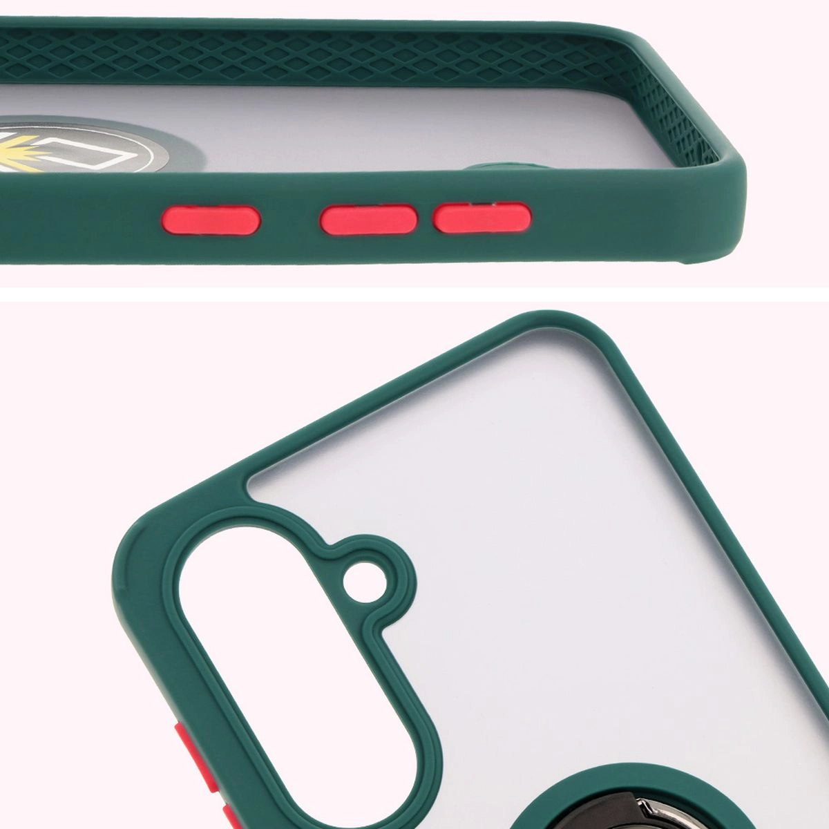Etui Bizon z uchwytem na palec Hybrid Ring do Galaxy A36 5G / A56 5G Przydymione z ciemnozieloną ramką