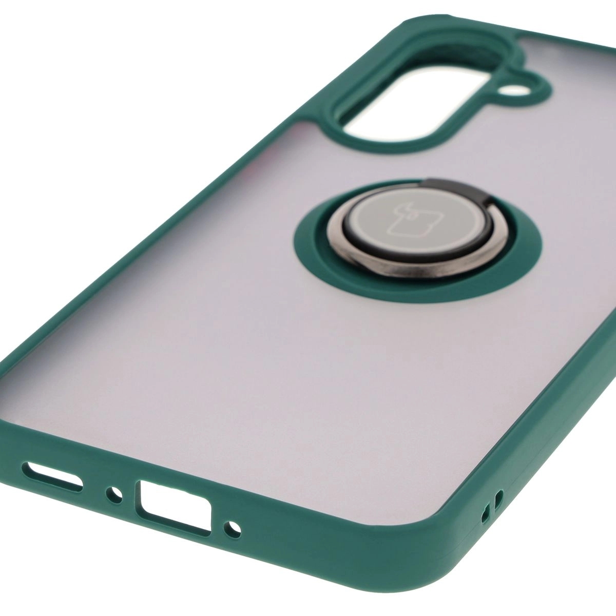 Etui Bizon z uchwytem na palec Hybrid Ring do Galaxy A36 5G / A56 5G Przydymione z ciemnozieloną ramką