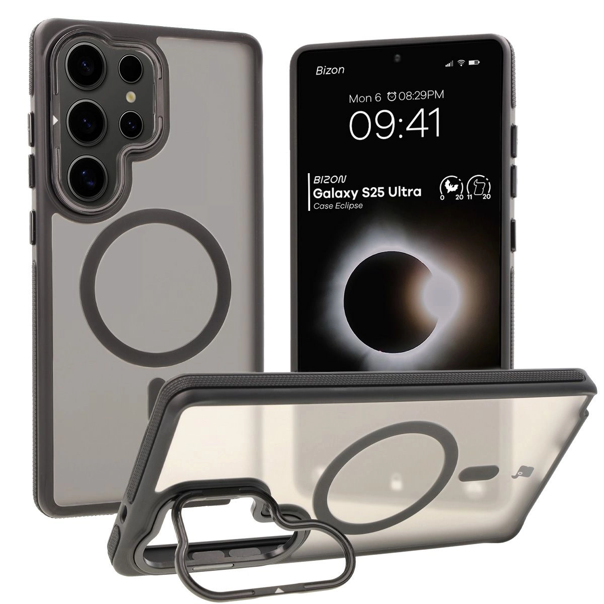 Bizon Eclipse z MagSafe i podstawką do Galaxy S25 Ultra Przydymione z czarną ramką