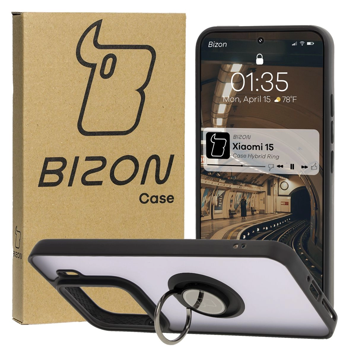 Etui Bizon z uchwytem na palec Hybrid Ring do Xiaomi 15 Przydymione z czarną ramką