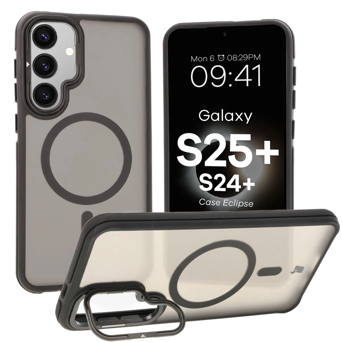 Etui Bizon Eclipse z MagSafe i podstawką do Galaxy S25 Plus/S24 Plus Przydymione z czarną ramką