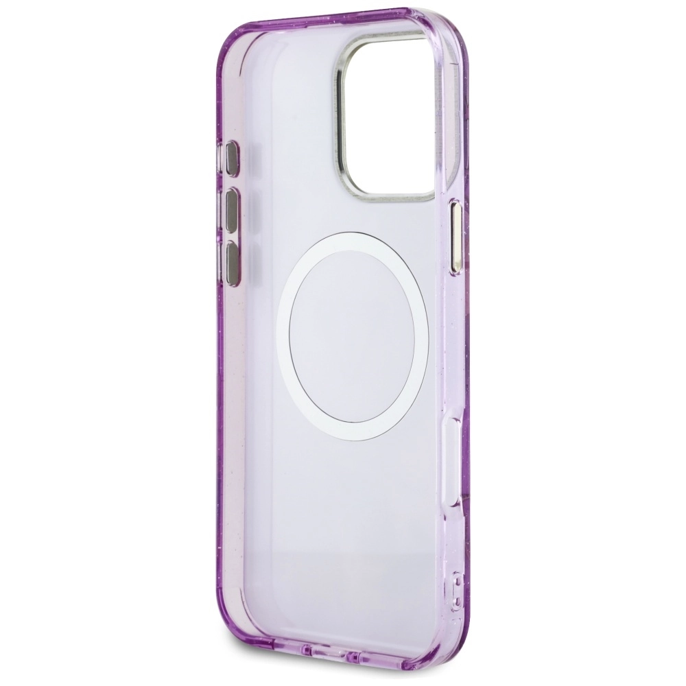 Etui Guess Glitter Flowers Triangle Buttons MagSafe do iPhone 16 Pro Max Fioletowy