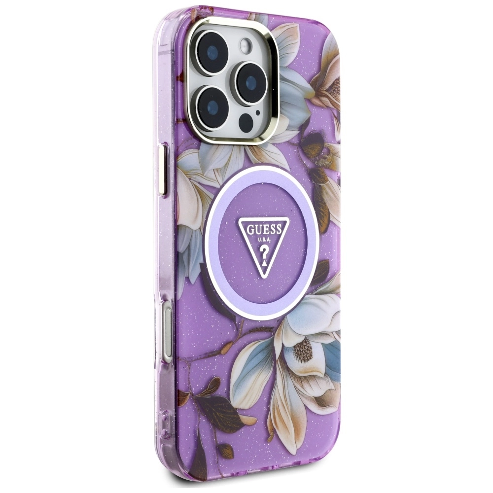 Etui Guess Glitter Flowers Triangle Buttons MagSafe do iPhone 16 Pro Max Fioletowy