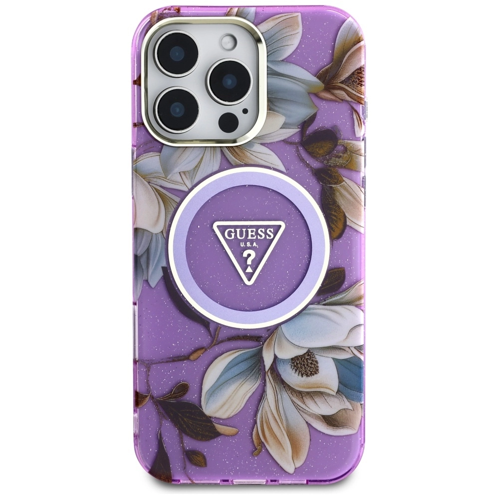 Etui Guess Glitter Flowers Triangle Buttons MagSafe do iPhone 16 Pro Max Fioletowy