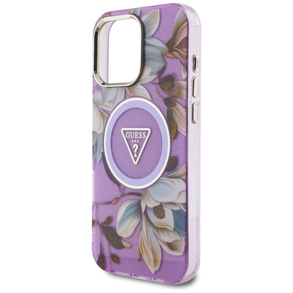 Etui Guess Glitter Flowers Triangle Buttons MagSafe do iPhone 16 Pro Max Fioletowy