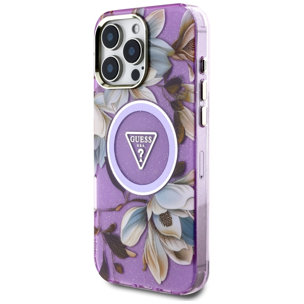 Etui Guess Glitter Flowers Triangle Buttons MagSafe do iPhone 16 Pro Max Fioletowy