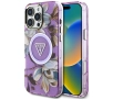 Etui Guess Glitter Flowers Triangle Buttons MagSafe do iPhone 16 Pro Max Fioletowy