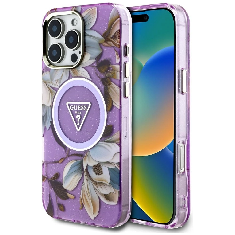 Etui Guess Glitter Flowers Triangle Buttons MagSafe do iPhone 16 Pro Max Fioletowy