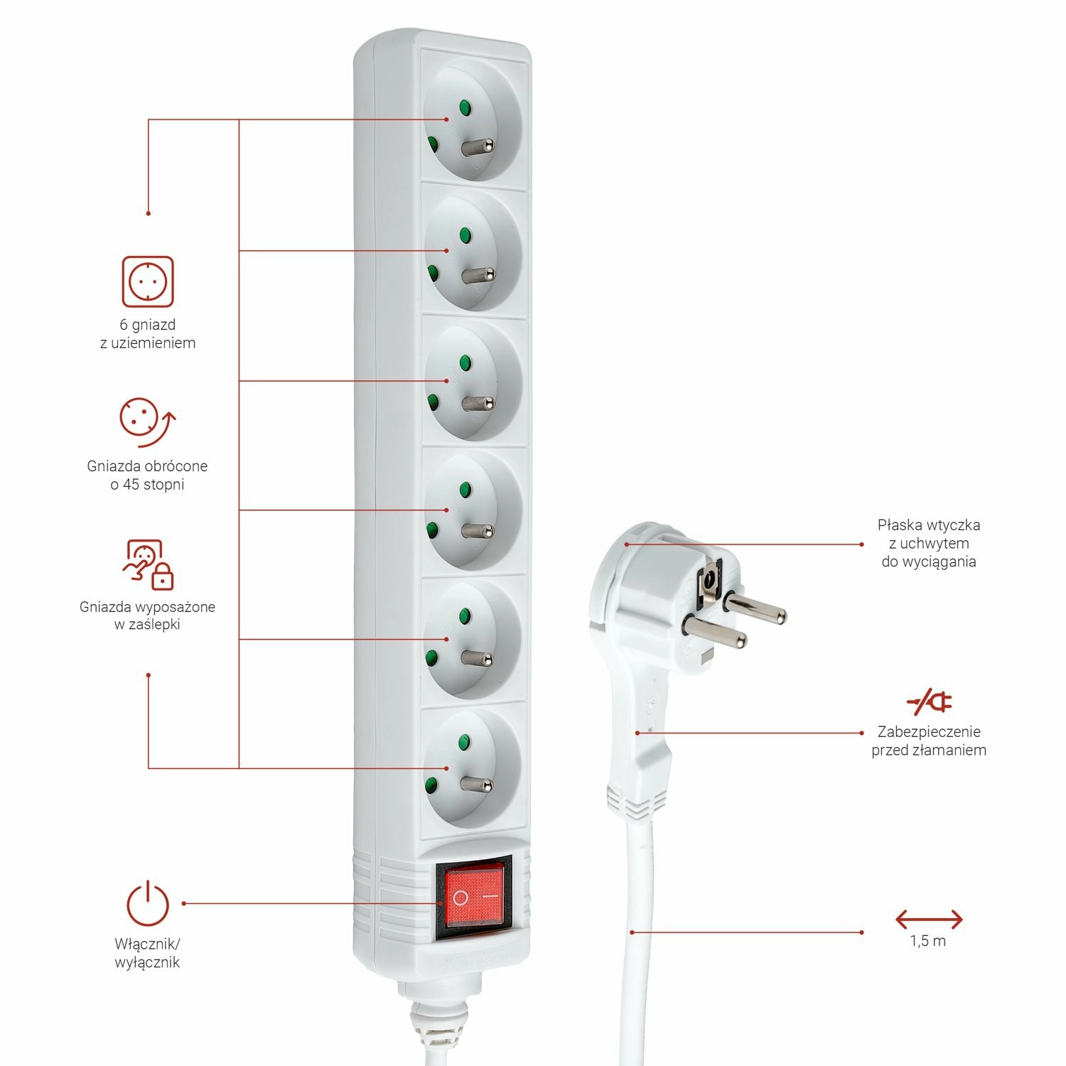 Listwa Hama 44223707 "STANDARD" 6 gniazd 1,5m Biały