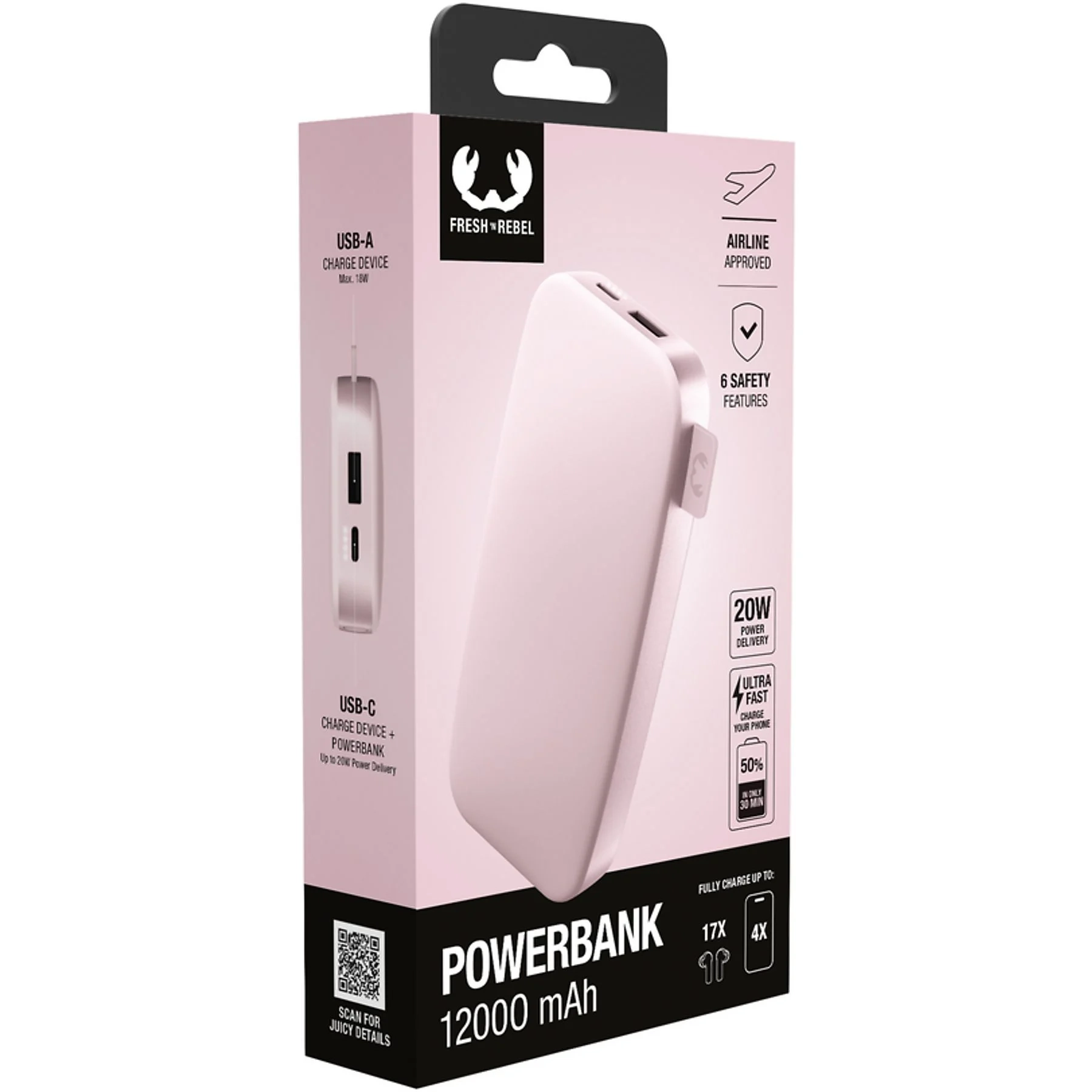 Powerbank Fresh 'n Rebel 2PB12100PP 12000mAh 20W Past Pink