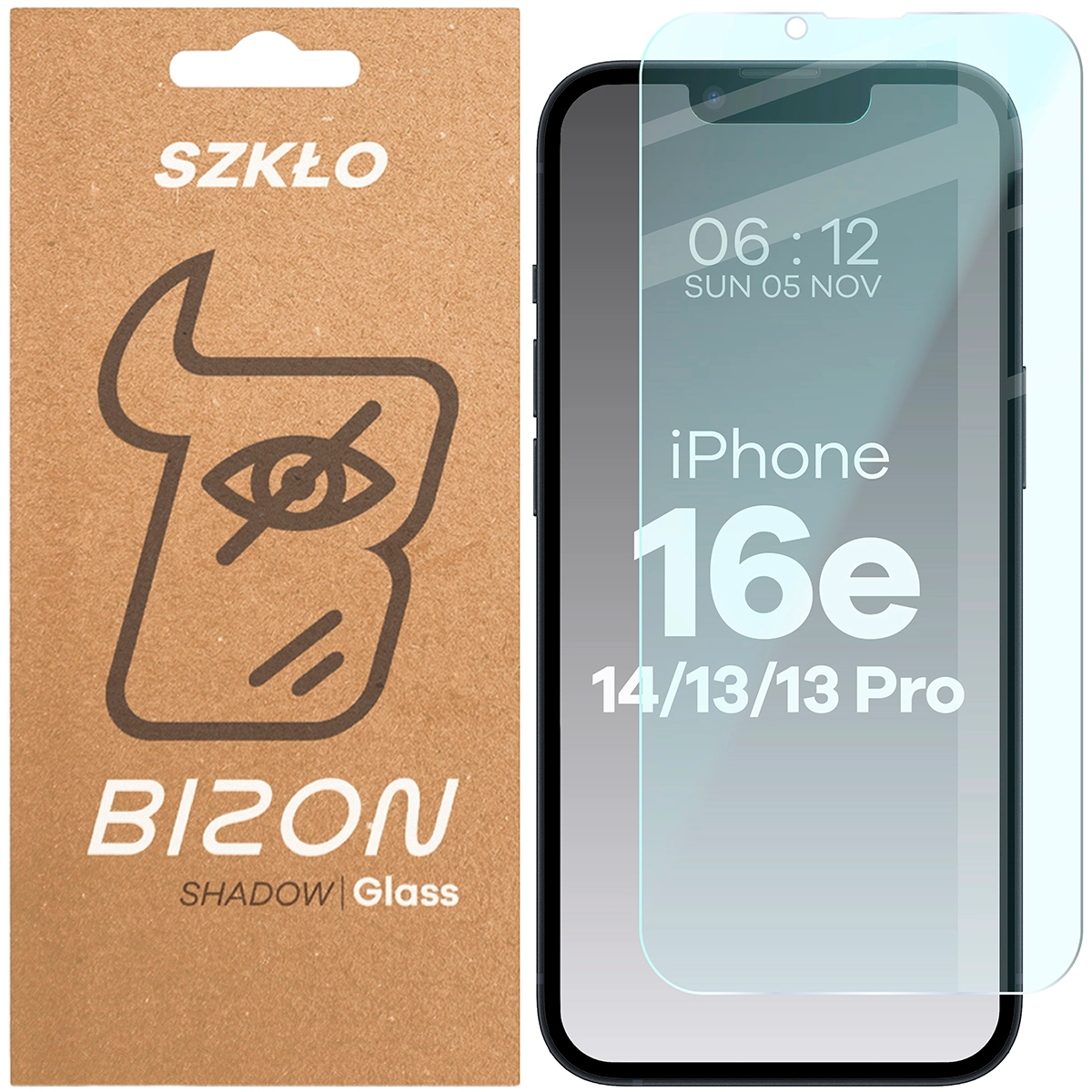 Szkło hartowane Bizon prywatyzujące Clear Shadow do iPhone 16e / 14 / 13 / 13 Pro przyciemniane