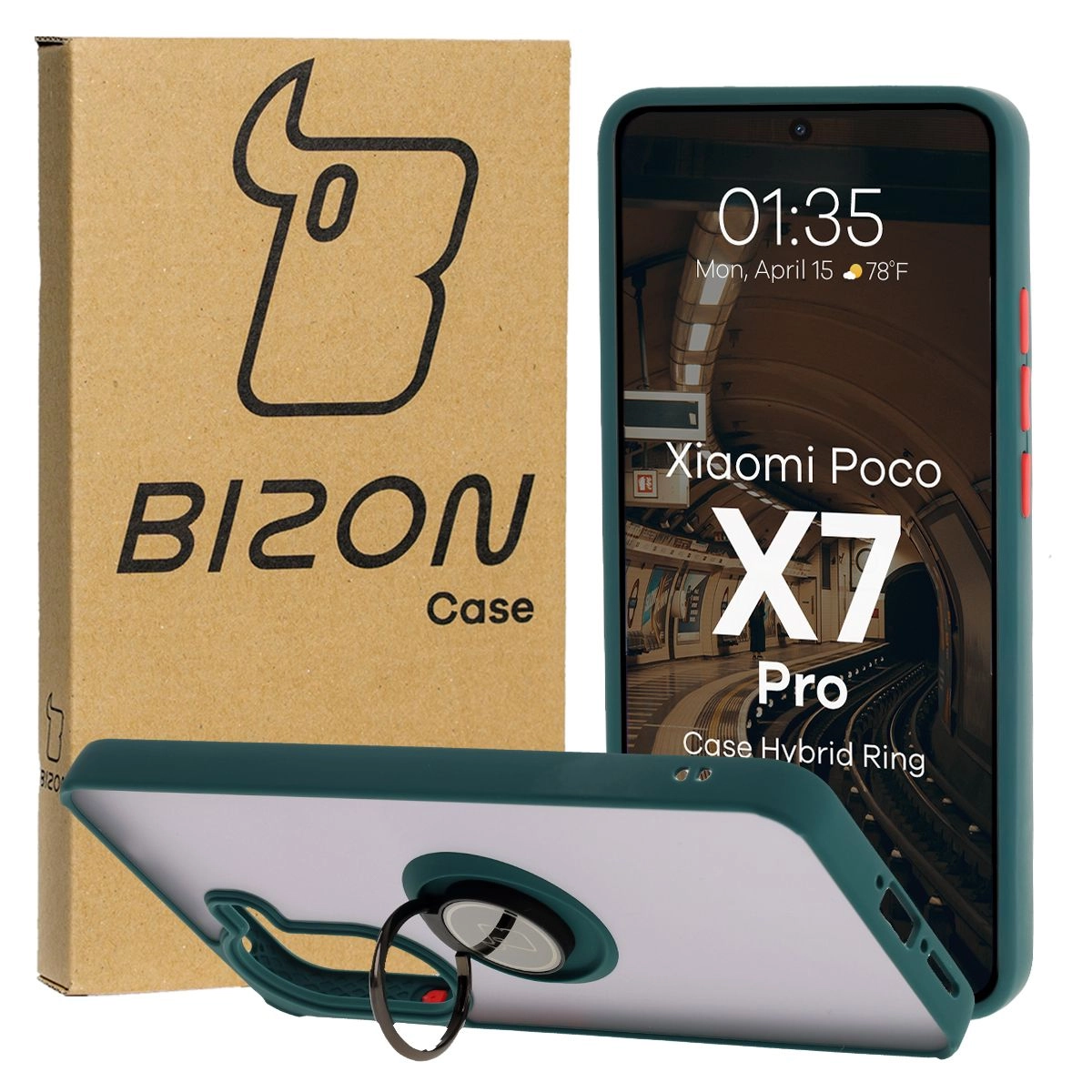 Etui Bizon z uchwytem na palec Hybrid Ring do Xiaomi Poco X7 Pro przydymione z Ciemnozieloną ramką