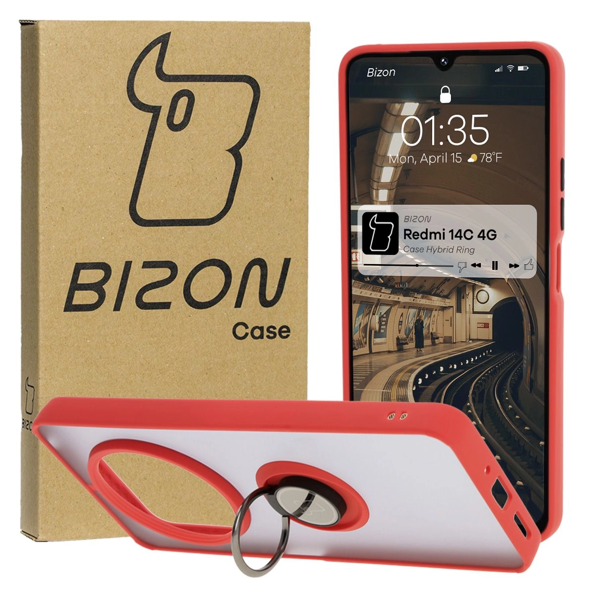 Etui Bizon z uchwytem na palec Hybrid Ring do Xiaomi Redmi 14C 4G/POCO C75 przydymione z Czerwoną ramką