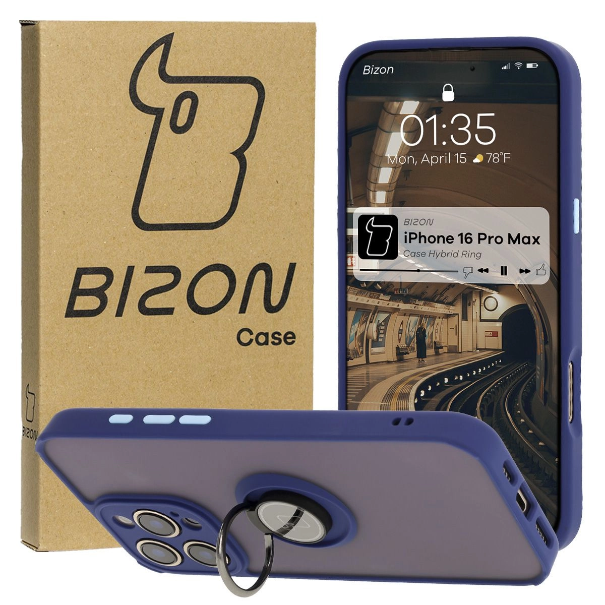 Etui Bizon z uchwytem na palec Hybrid Ring do iPhone 16 Pro Max przydymione z Granatową ramką