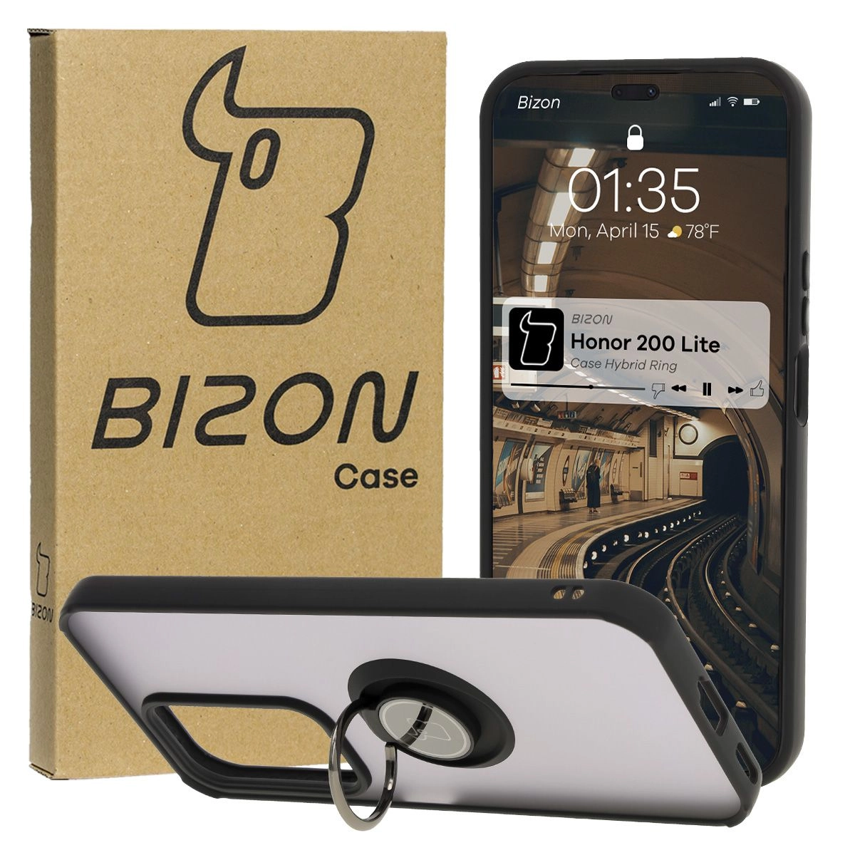 Etui Bizon z uchwytem na palec Hybrid Ring do Honor 200 Lite przydymione z Czarną ramką