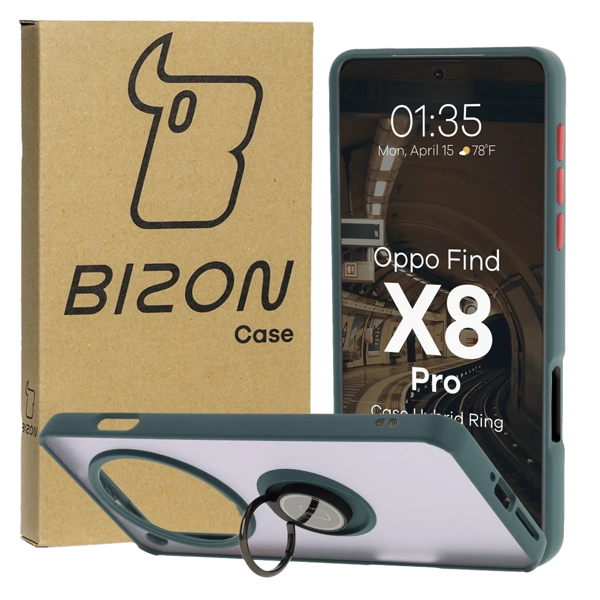Etui Bizon z uchwytem na palec Hybrid Ring do Oppo Find X8 Pro przydymione z Ciemnozieloną ramką