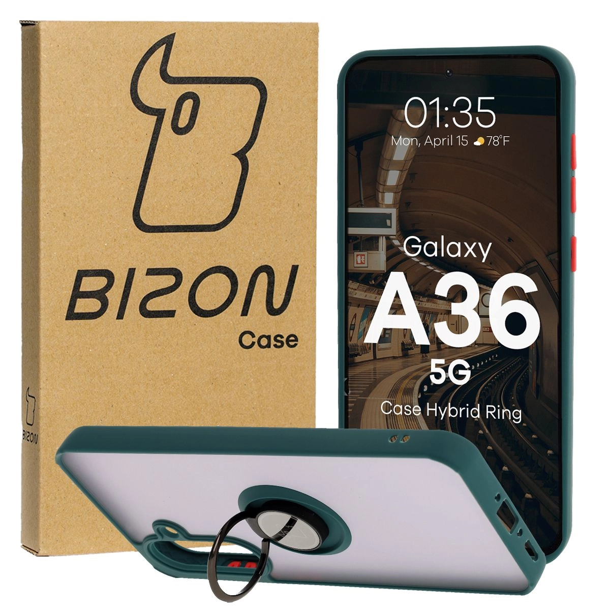 Etui Bizon z uchwytem na palec Hybrid Ring do Galaxy A36 5G przydymione z Ciemnozieloną ramką