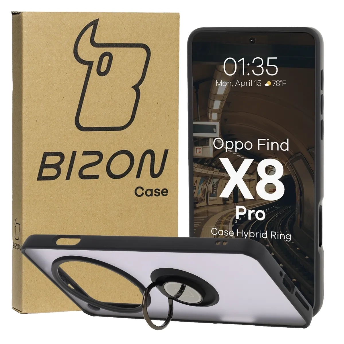 Etui Bizon z uchwytem na palec Hybrid Ring do Oppo Find X8 Pro przydymione z Czarną ramką