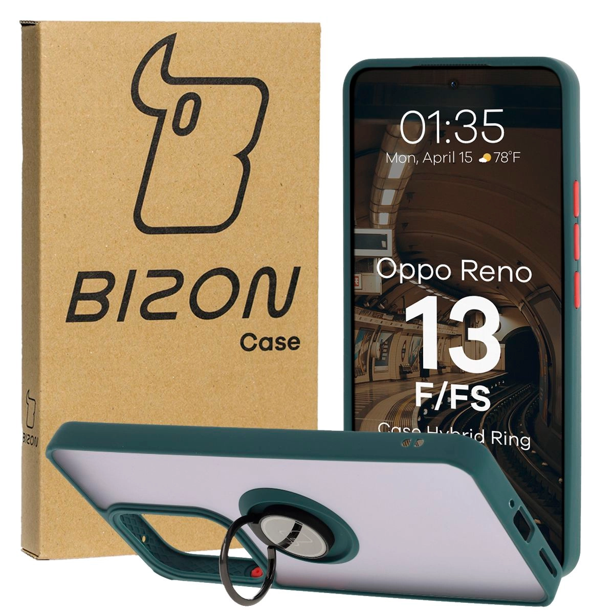 Etui Bizon z uchwytem na palec Hybrid Ring do Oppo Reno13 F/FS przydymione z Ciemnozieloną ramką