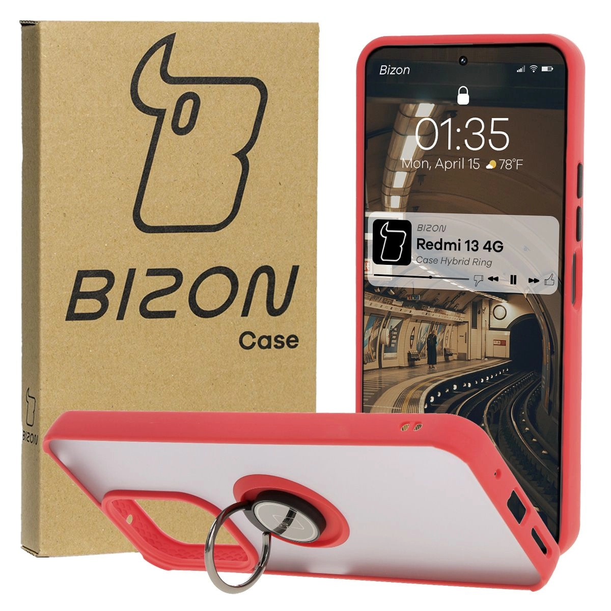 Etui Bizon z uchwytem na palec Hybrid Ring do Xiaomi Redmi 13 4G przydymione z Czerwoną ramką