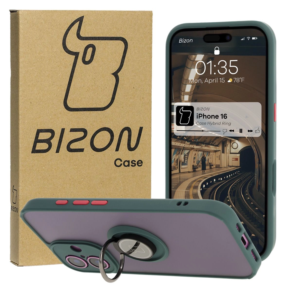 Etui Bizon z uchwytem na palec Hybrid Ring do iPhone 16 przydymione z Ciemnozieloną ramką