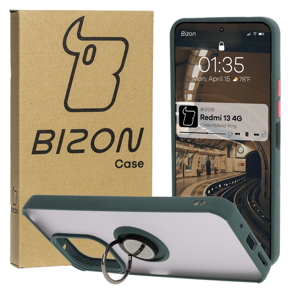Etui Bizon z uchwytem na palec Hybrid Ring do Xiaomi Redmi 13 4G przydymione z Ciemnozieloną ramką