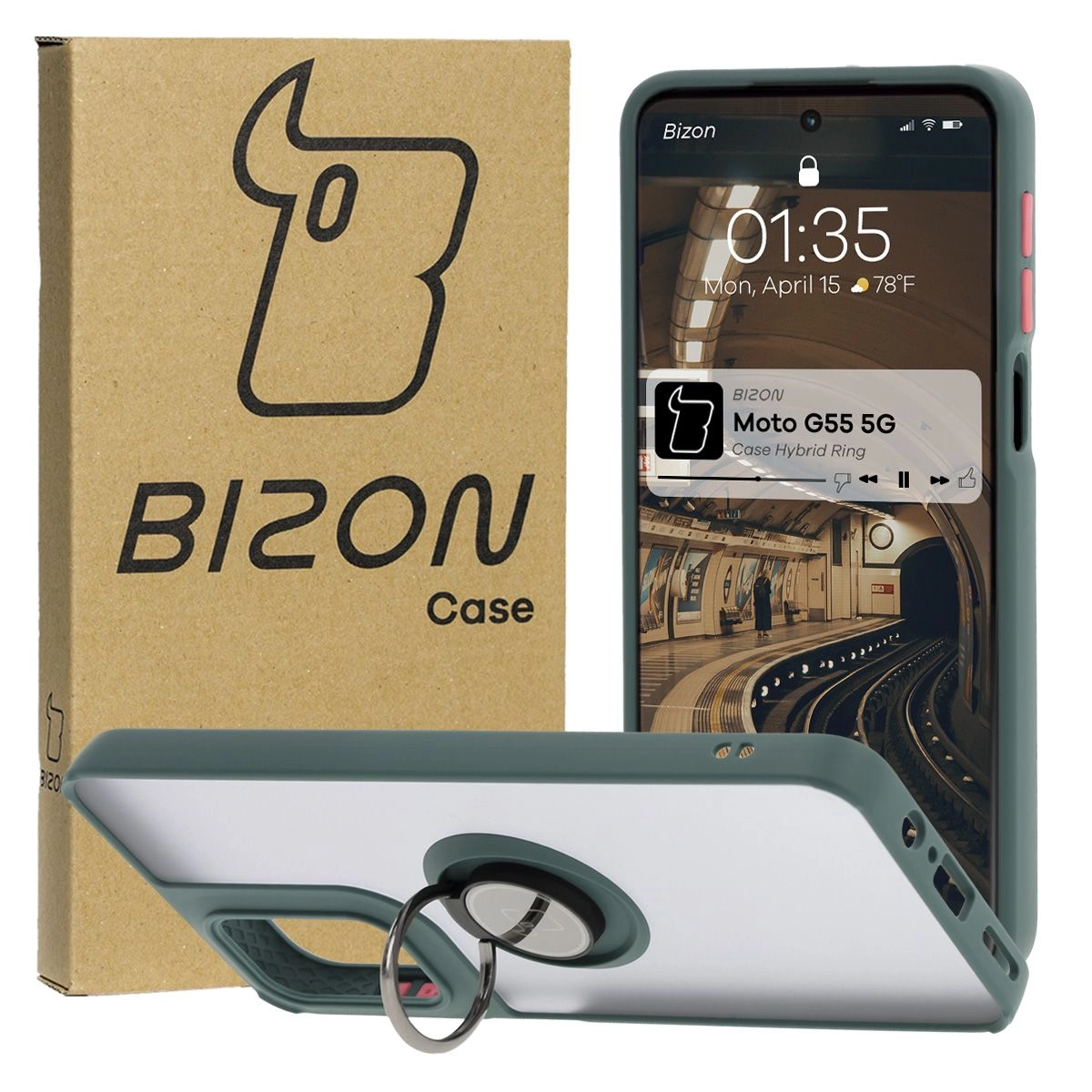 Etui Bizon z uchwytem na palec Hybrid Ring do Motorola Moto G55 5G przydymione z Ciemnozieloną ramką