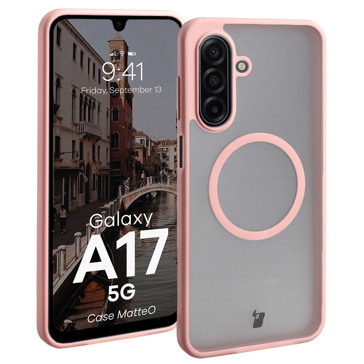 Bizon MatteO z MagSafe do MatteO Samsung Galaxy A17 5G Półprzezroczyste z różową ramką