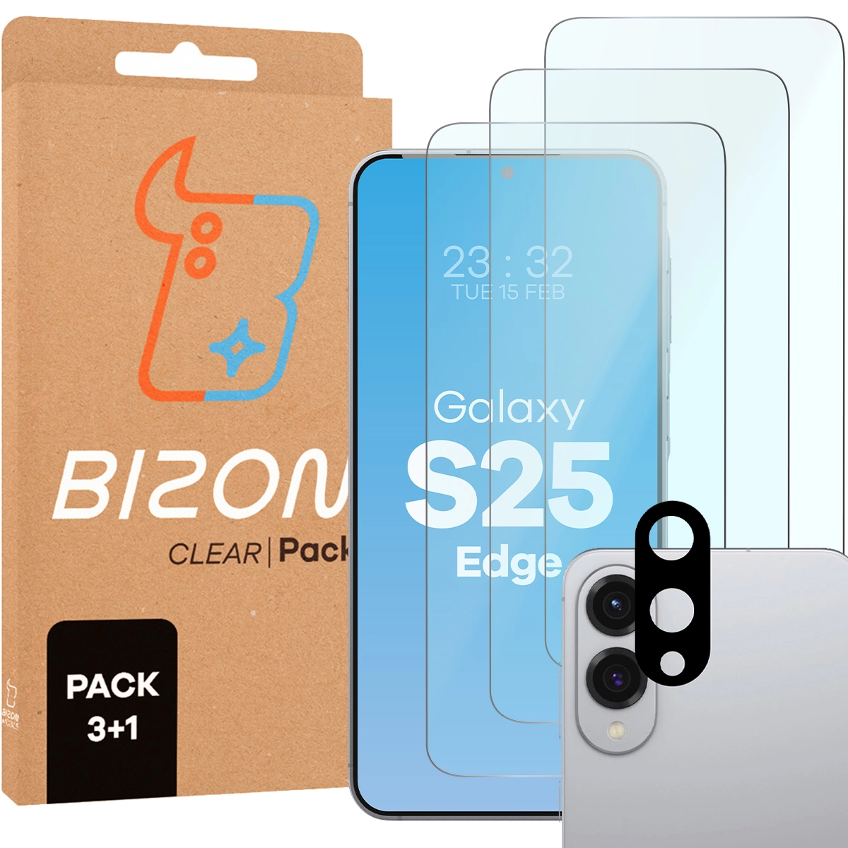 Zestaw ochronny Bizon 3x szkło + szybka na aparat Clear 2 Pack do Samsung Galaxy S25 Edge