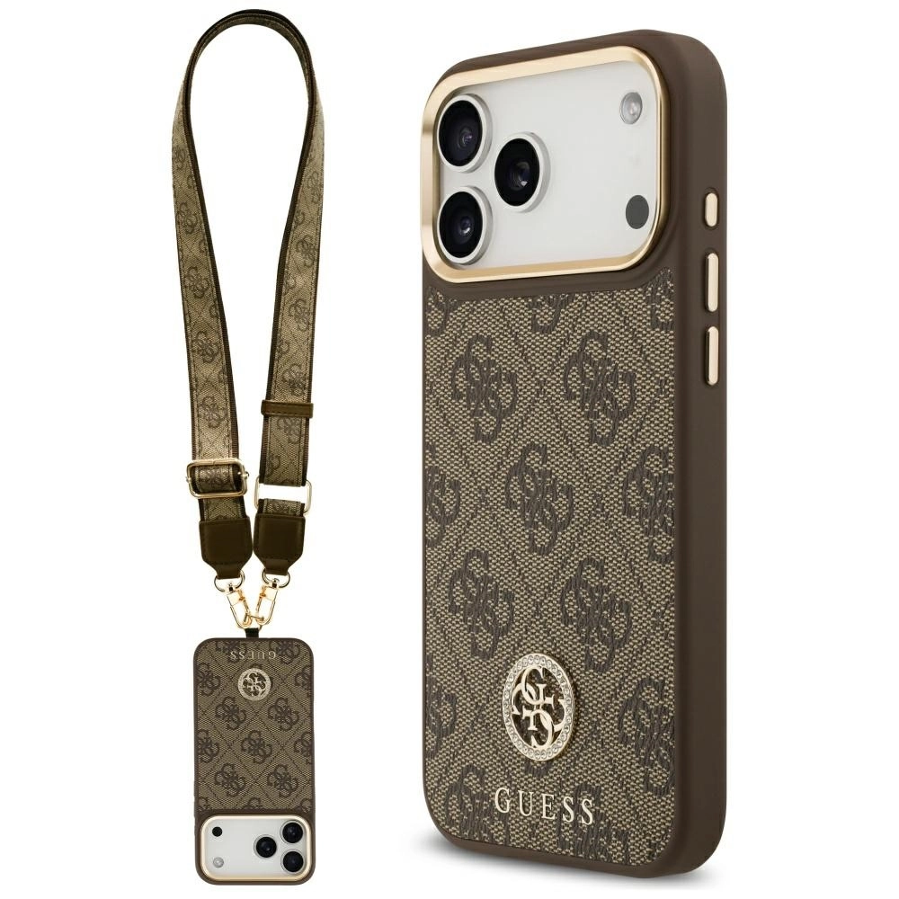 Etui Guess 4G Strass Logo & Big Strap Metal Buttons MagSafe do iPhone 17 Pro Max brązowy