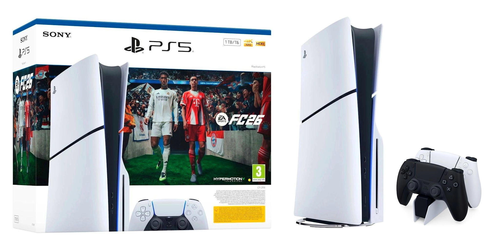 Konsola Sony PlayStation 5 Slim E Chassis (PS5) 1TB z napędem EA SPORTS FC 26 + Dodatkowy Pad Czarny + Stacja ładowania