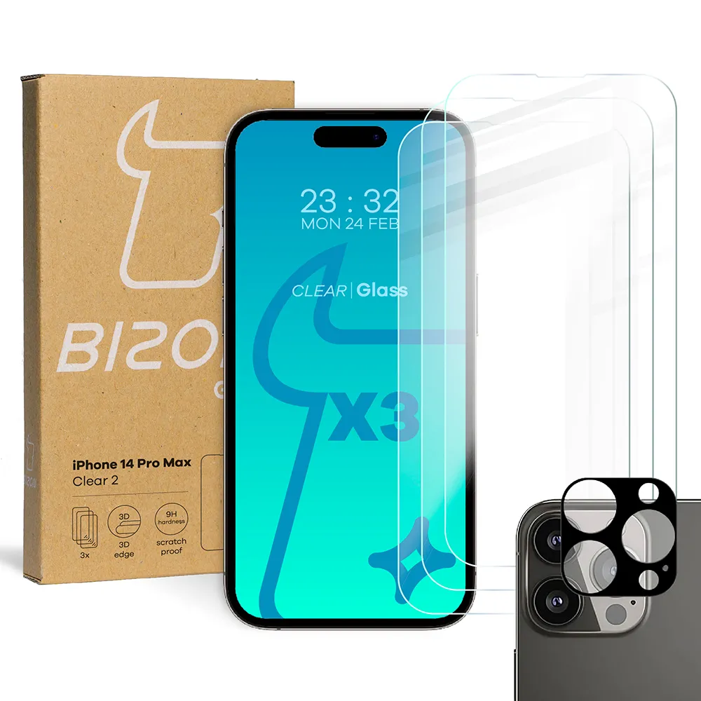 Zestaw ochronny Bizon 3x Szkło hartowane + szybka na aparat Clear 2 Pack do iPhone 14 Pro Max