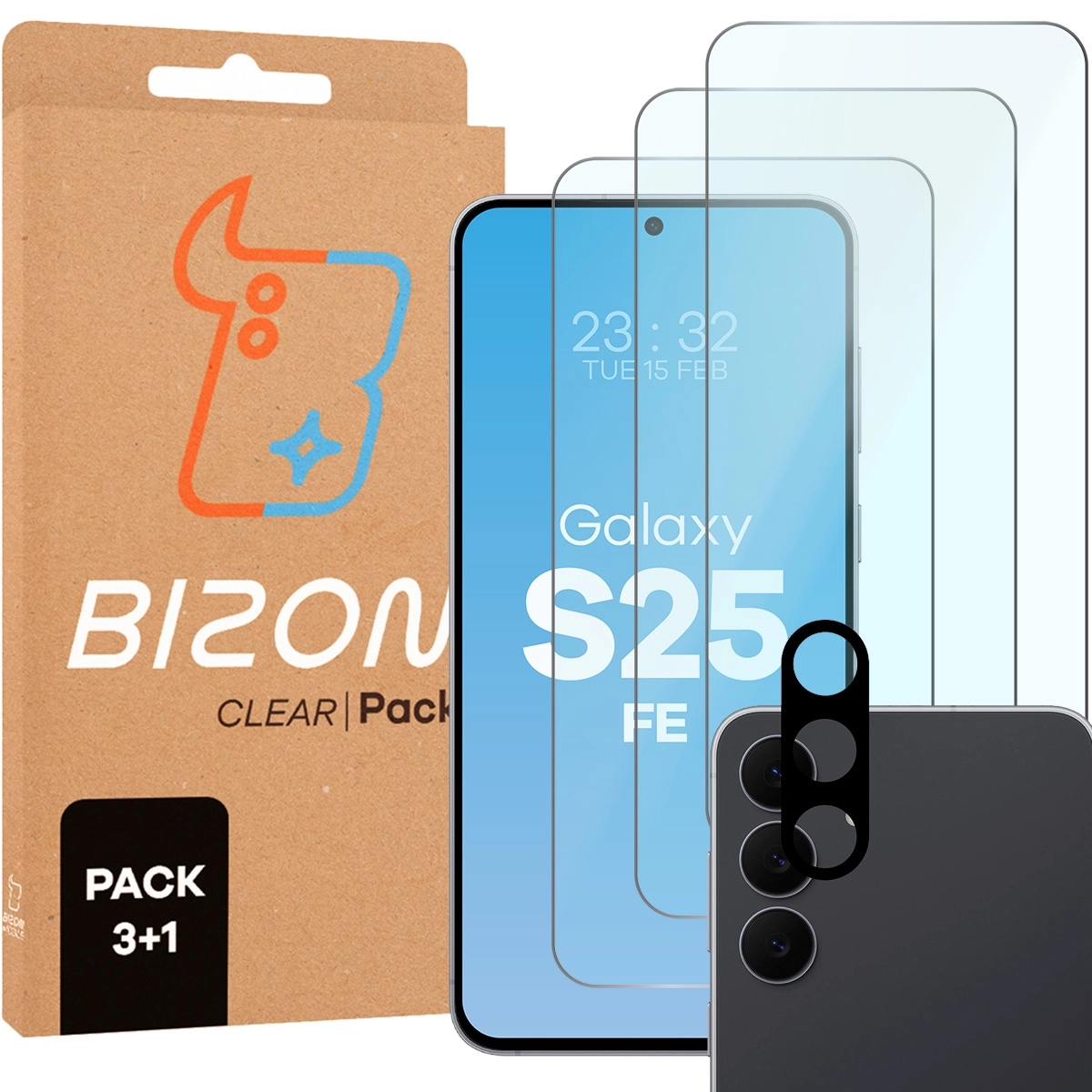 Zestaw ochronny Bizon 3x Szkło hartowane + szybka na aparat Glass Clear Pack do Samsung Galaxy S25 FE