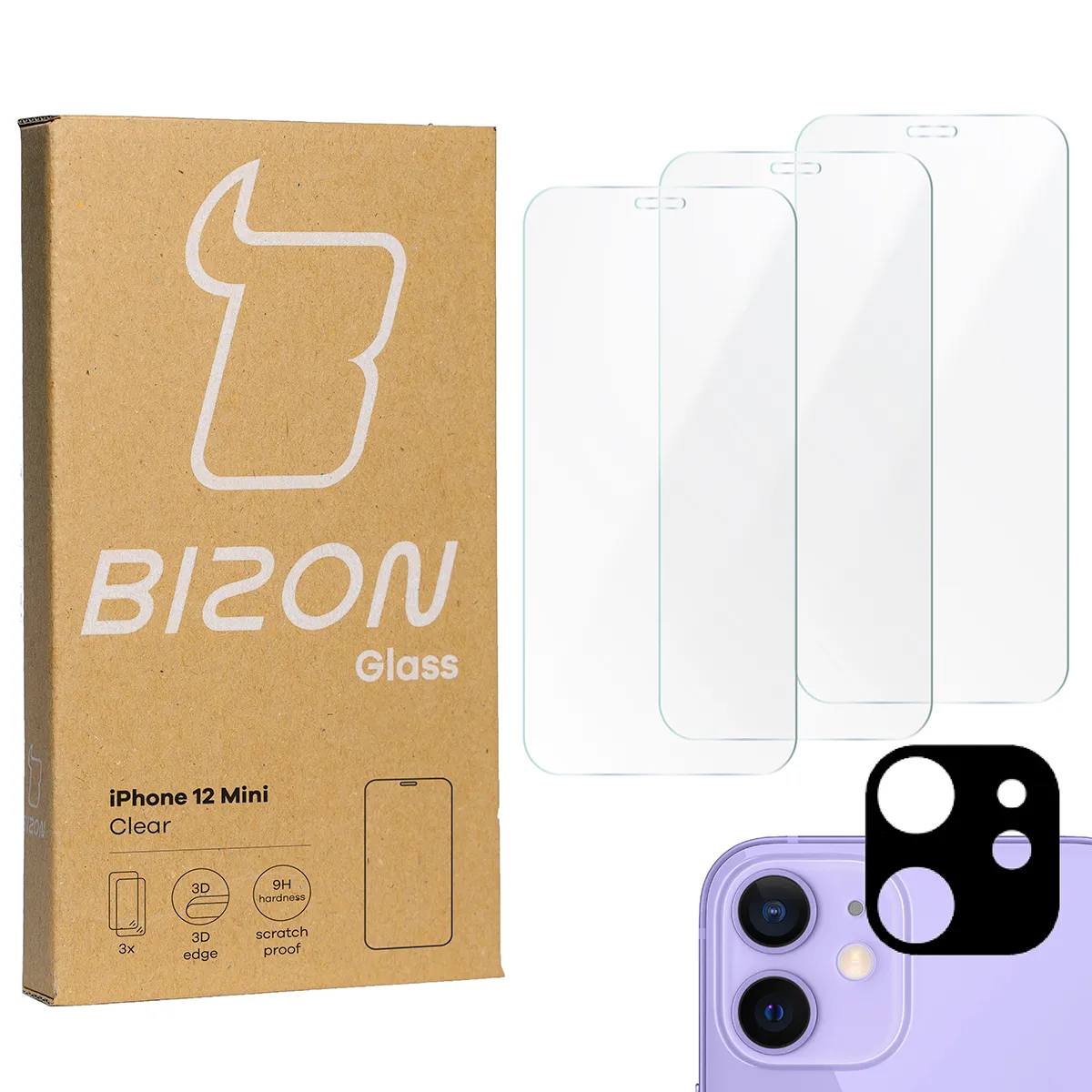 Zestaw ochronny Bizon 3x Szkło hartowane + szybka na aparat Glass Clear Pack do iPhone 12 Mini