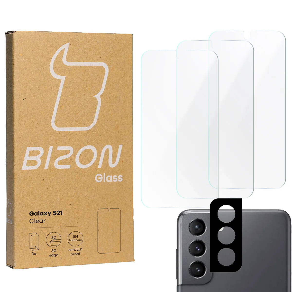 Zestaw ochronny Bizon 3x Szkło hartowane + szybka na aparat Glass Clear Pack do Samsung Galaxy S21 5G