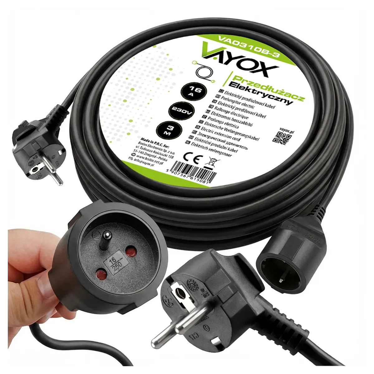 Przedłużacz Vayox VA0310B-3 1 gniazdo 3m Czarny