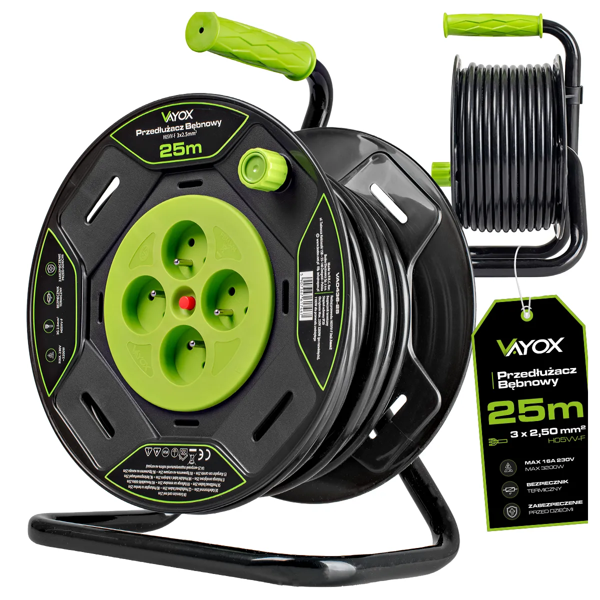 Przedłużacz bębnowy Vayox VA0436-25 4 gniazda 25m Czarny