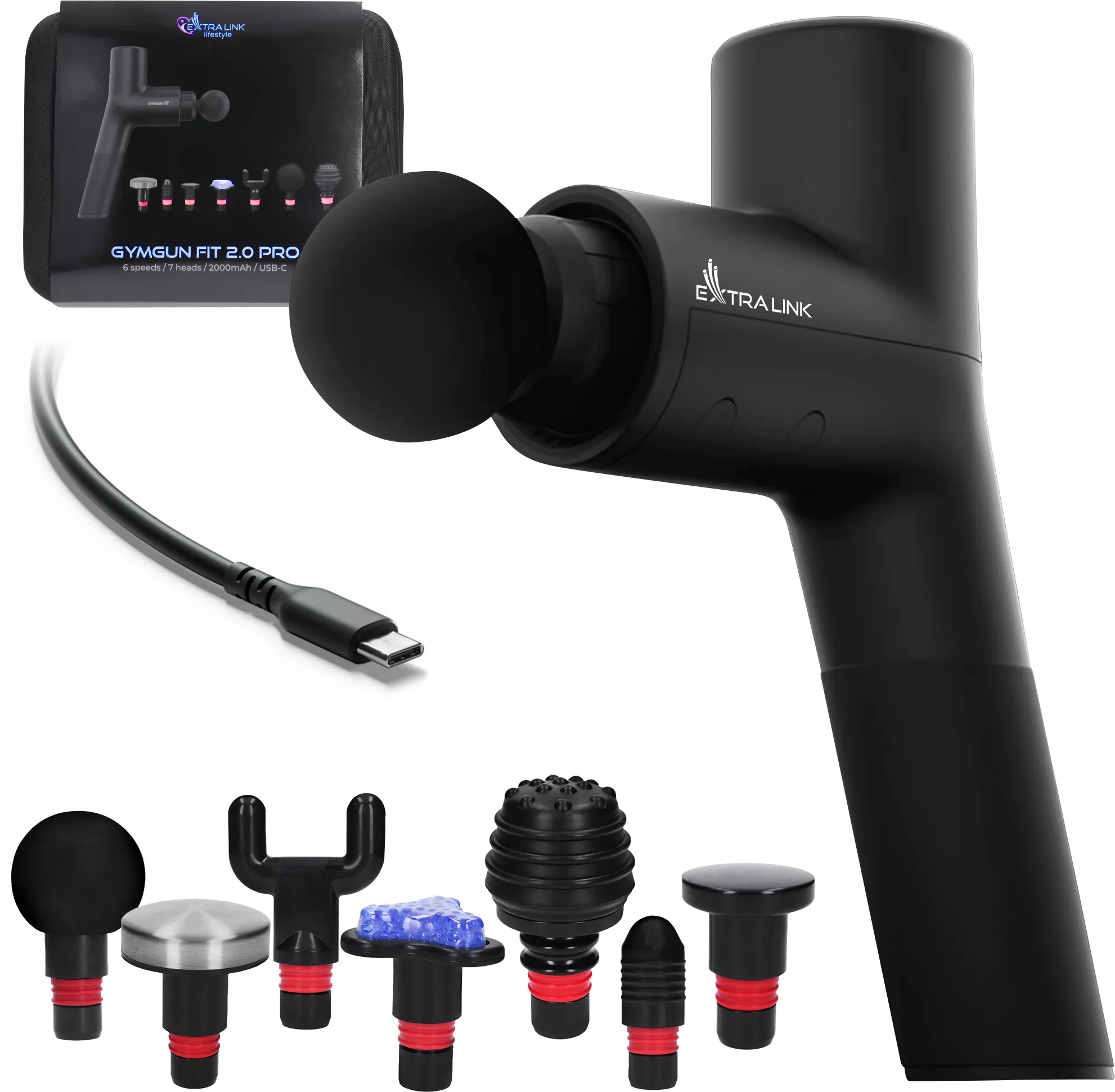 Pistolet do masażu Extralink Gymgun Fit 2.0 Pro EX.34383 7 nakładek 3200obr/min 4h