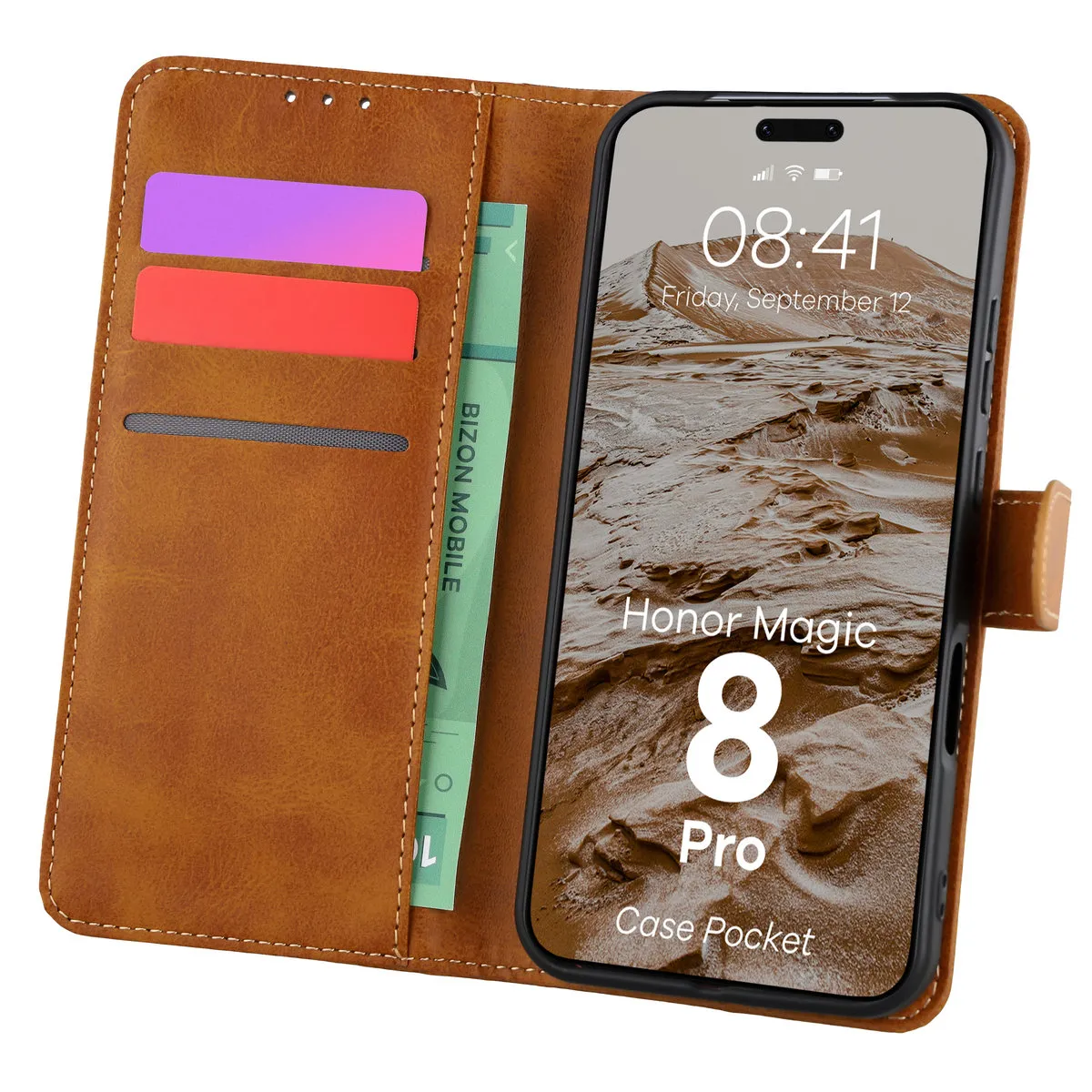 Etui Bizon Case Pocket do Honor Magic8 Pro Brązowy