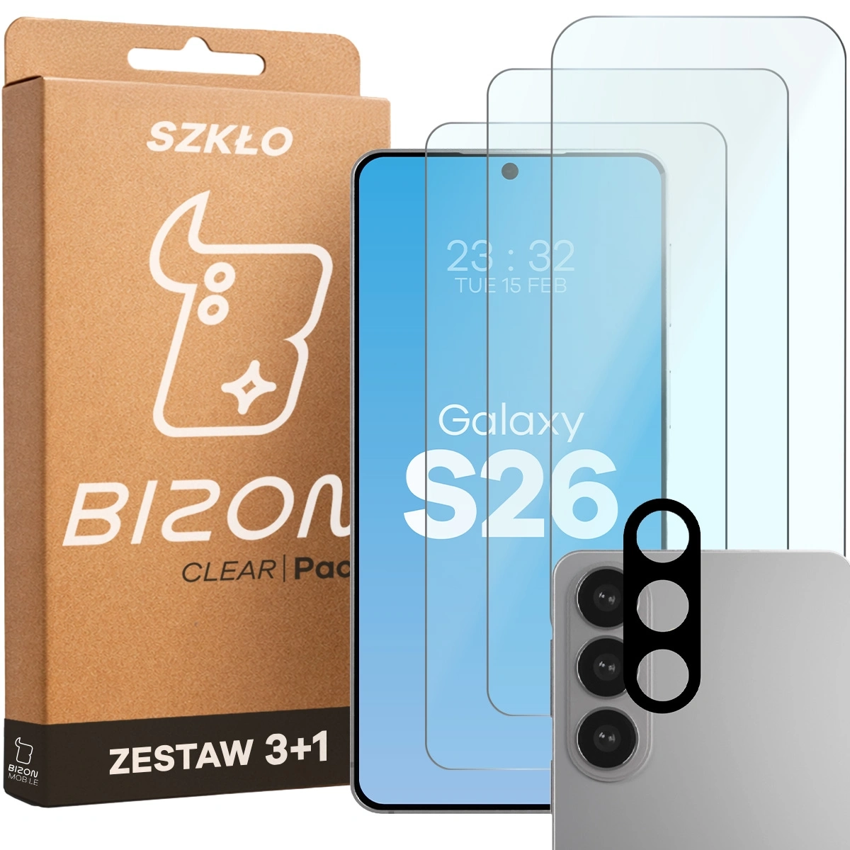 Zestaw ochronny Bizon Szkło + szybka na aparat Glass Clear Pack do Galaxy S26 3 sztuki
