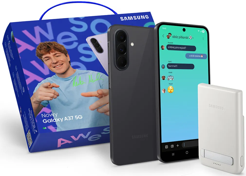 Zestaw smartfon Samsung Galaxy A37 5G 6/128GB 6,7" 120Hz 50Mpix Szary + Powerbank Samsung Qi2 Magnet 5000mAh + Opakowanie prezentowe