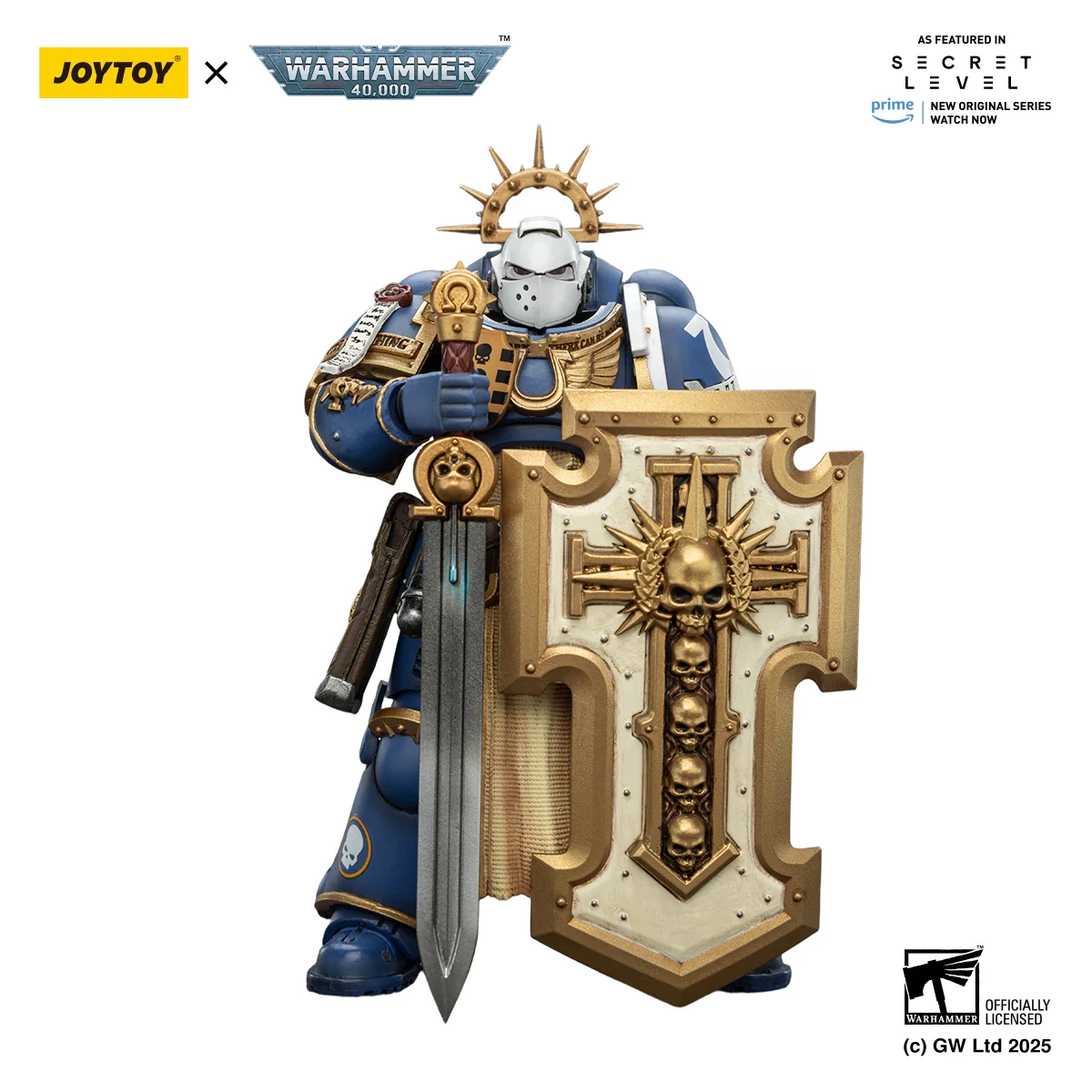 Figurka Joy Toy Warhammer 40k Ultramarines Levantus with Power Sword, Stormshield and Bolt Pistol