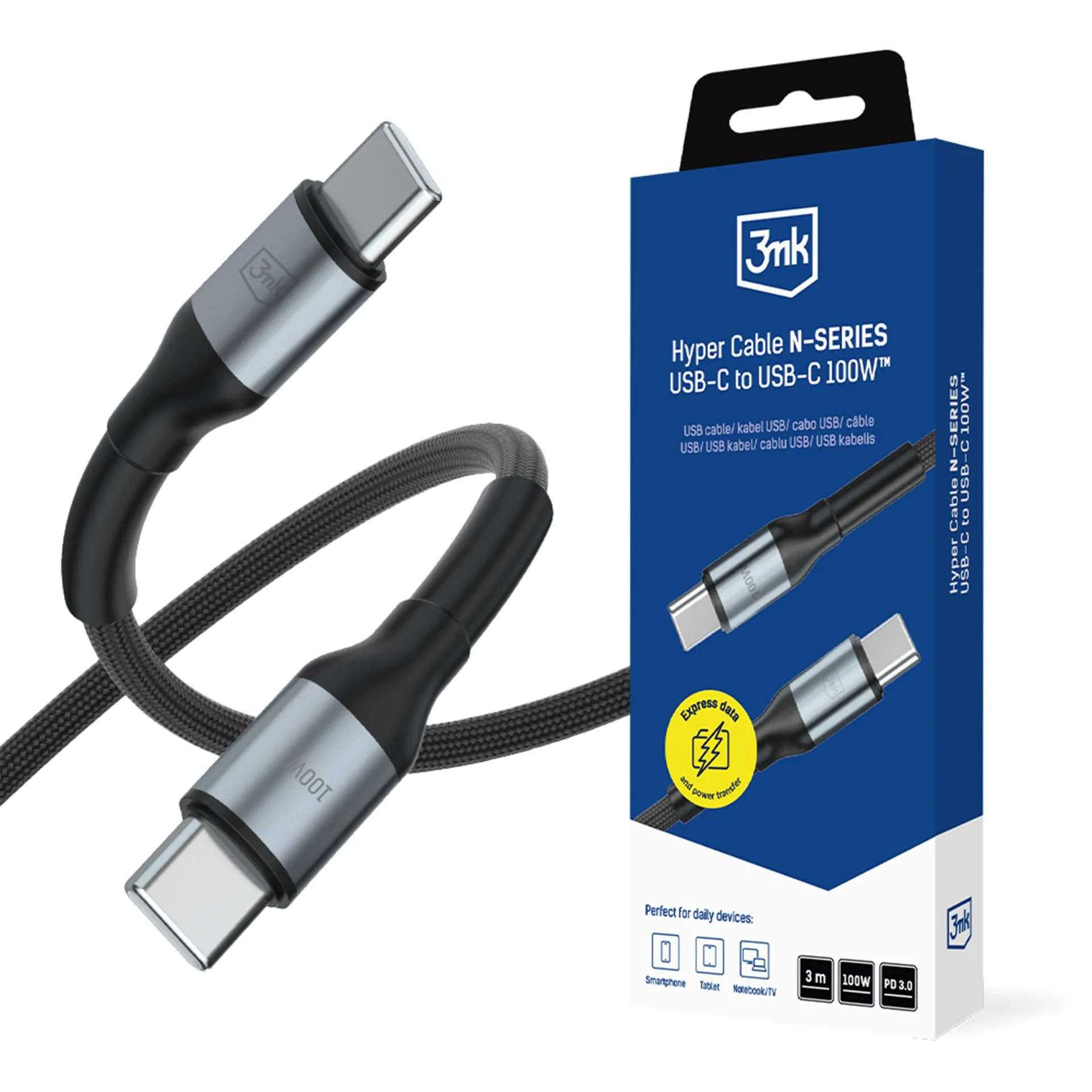 Kabel 3mk Hyper Cable N-SERIES PD3.0 20V/5A USB-C do USB-C 3m 100W Czarny