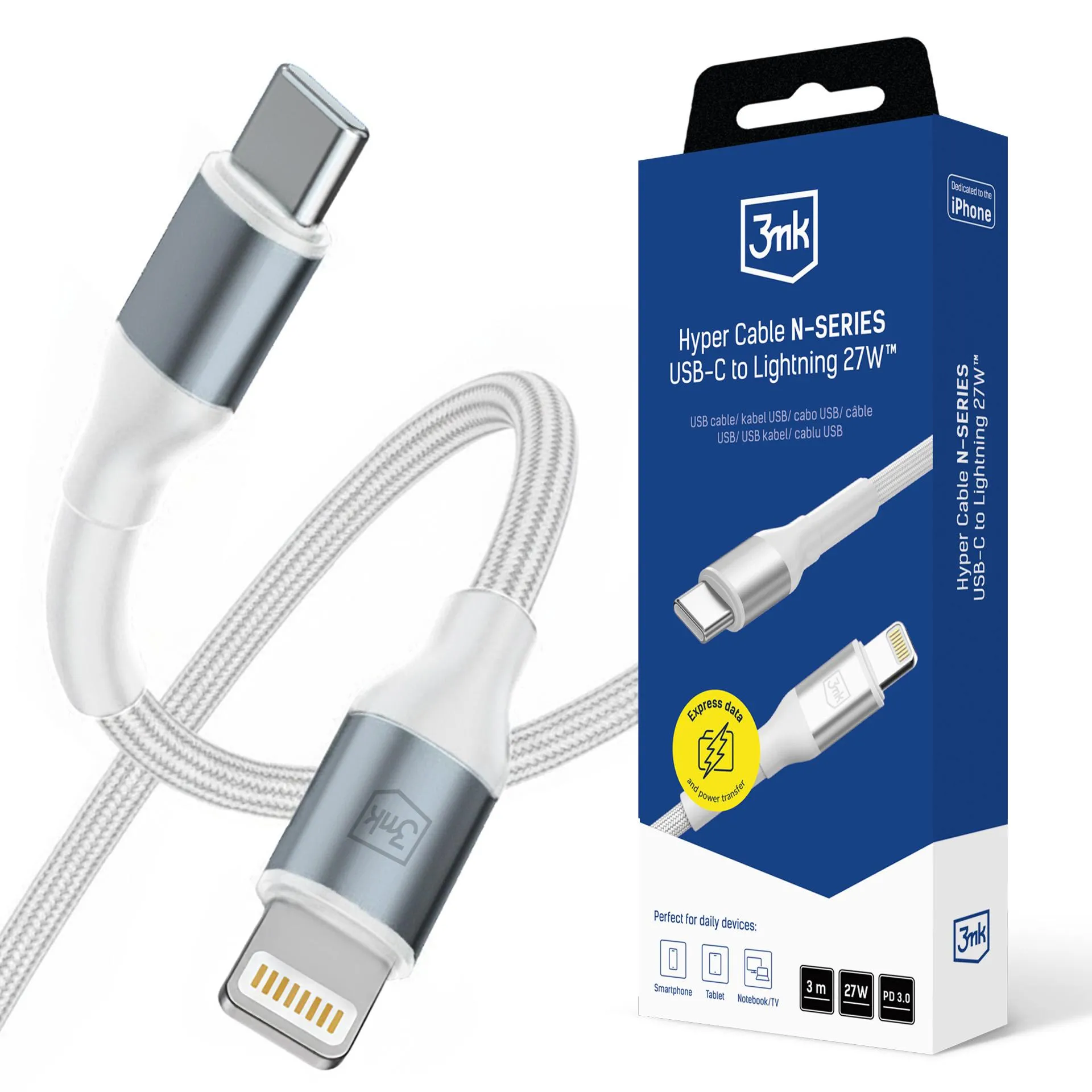 Kabel 3mk Hyper Cable N-SERIES PD3.0 9V/3A USB-C do Lightning 3m 27W Biały