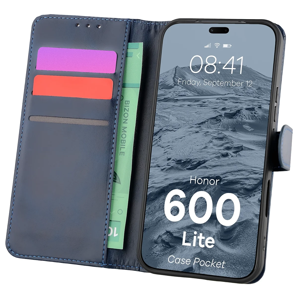 Etui Bizon Case Pocket do Honor 600 Lite 5G Granatowy
