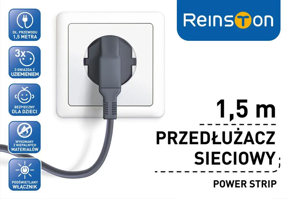 Przedłużacz Reinston EPRZ012 3 gniazda 1,5m Czarny