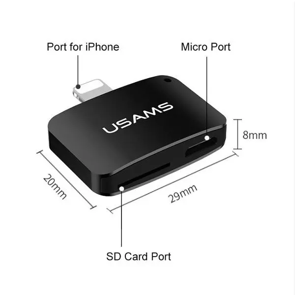 Adapter USAMS 2w1 microUSB-Lightning + czytnik kart SD
