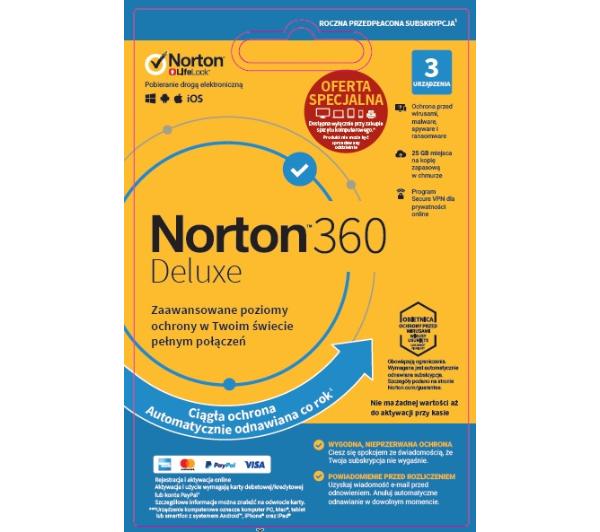 Antywirus Norton 360 Deluxe 25GB 3 Urządzenia/1 Rok Attach Kod aktywacyjny