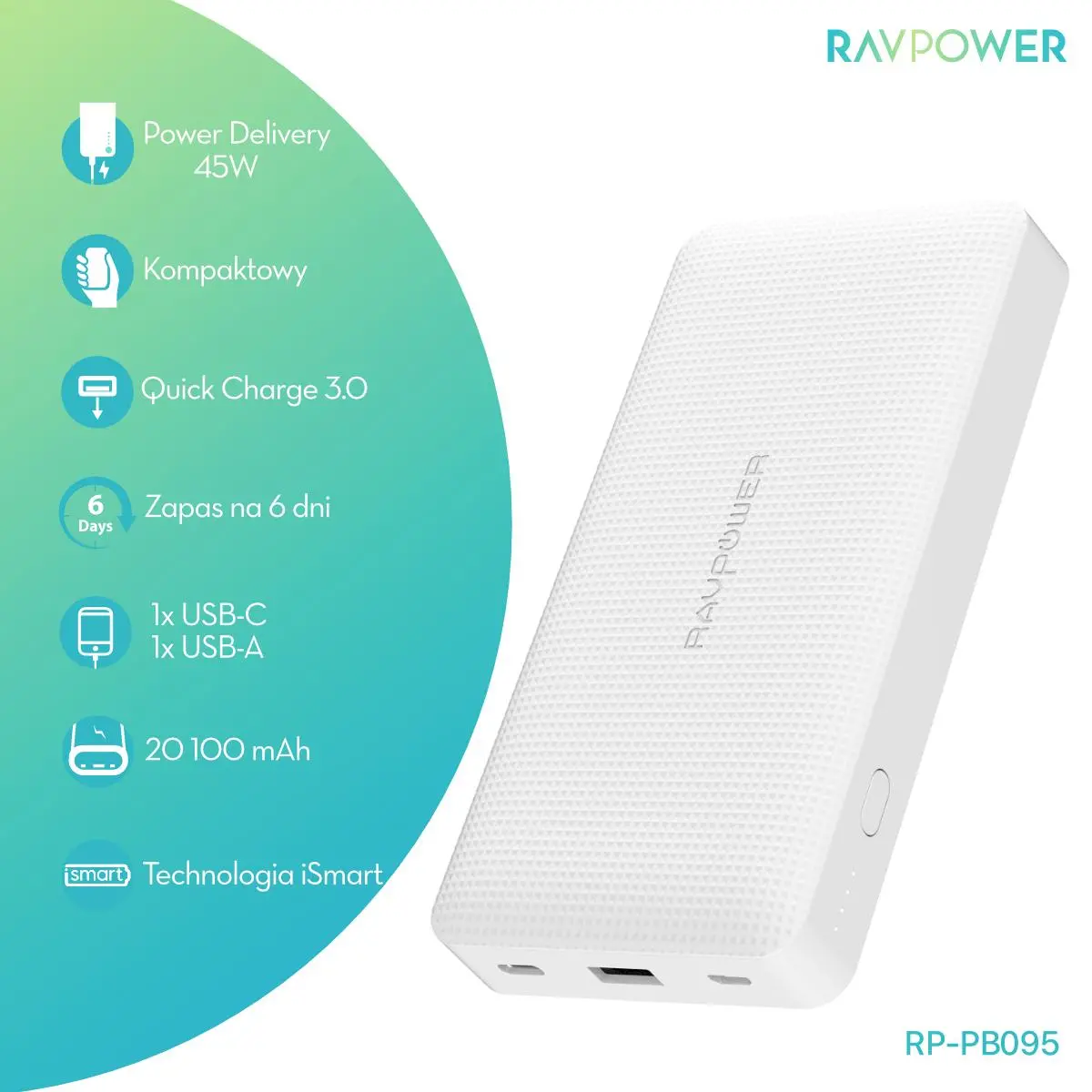 Powerbank RAVPower RP-PB095 20100mAh PD 45W Biały